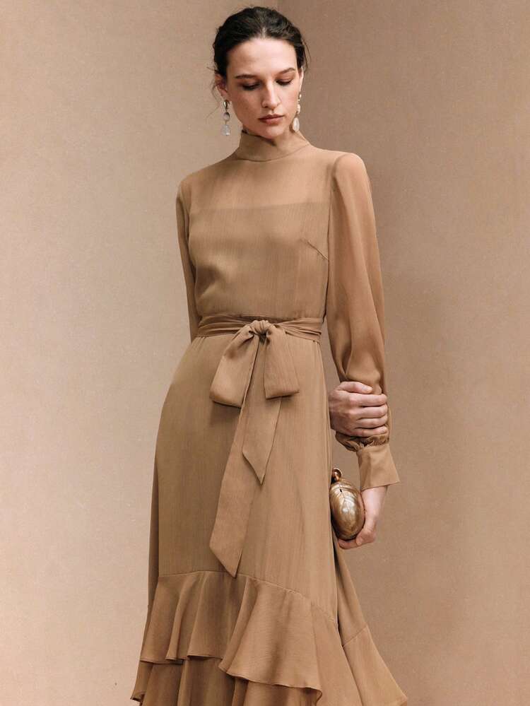 Arave Vestido elegante de estilo francés con cuello alto, manga larga, diseño de lazo en la cintura y dobladillo con volantes en capas, para vacaciones y fiestas - Marrón - Añade 7