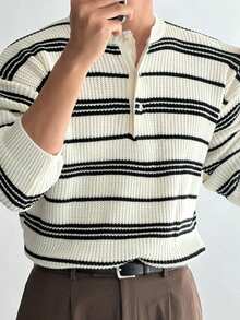 DAZY 男士黑白条纹圆领半拉链毛衣，秋冬款 - 彩色 - 查看 6