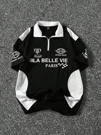 Manfinity EMRG Camisa polo con cremallera delantera, gráfico de letras y patchwork de unicolor para hombres