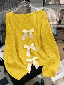 SHEIN LUNE 女士宽松蝴蝶装饰落肩长袖毛衣，秋冬季时尚单品 - 鵝黃色 - 查看 5