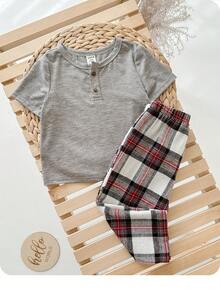男婴休闲可爱针织灰色上衣和格子松紧腰裤家居服套装 - 灰色 - 查看 8