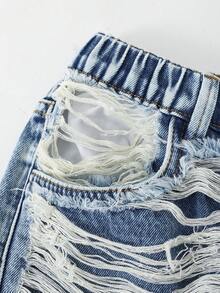 SHEIN 少女款破洞宽松阔腿休闲牛仔裤，复古美式风格 - 中等水洗藍 - 查看 4