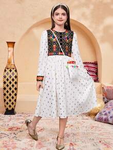 SHEIN Tween Girl Woven Print Patchwork Foil Polka Dot Pullover Dress With Delicate Tassel Mini Crossbody Bag, Suitable For Travel, Vacation, Countryside Style, Casual Resort, Boho, Kids Arabic Dress, Long Dresses For Girls,Kids - Multicolor - View 6