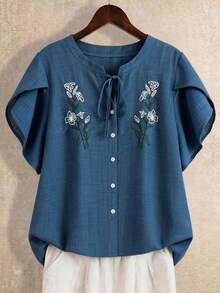 Áo cánh thêu màu trơn thường ngày cỡ lớn Linhara dành cho nữ - Màu xanh lam - Xem 9