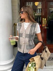 Siren Gaze Women's Casual V-Neck Plaid Single-Breasted Knitted Vest, French Casual Plaid Buttoned Vest Cardigan,Spring Outfit Women,Women Carnival Costume, Casual Women Outfits ,Everyday Shirt, Sweater Vest For Women, Cardigan Vest, Plaid Sweater Vest - Khaki - View 3