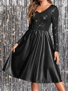 SHEIN Clasi Đầm dài tay cổ chữ V thêu sequin thời trang dành cho nữ - màu đen - Xem 6