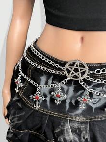 ROMWE 1pc Women Gothic Style Cross Decor Chain, Silver & Black Color, Versatile Accessory For Dresses, Halloween - Silver Red Cross Pentagram Multilayer Chain Waist Chain - View 2