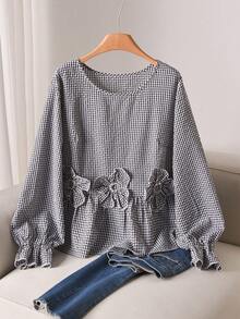 CosyJoli 大码女式休闲碎花长袖衬衫，优雅宽松版型上衣，春秋季女士服装 - 黑色 - 查看 1