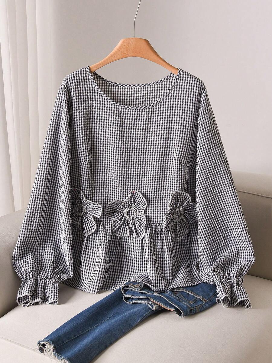 CosyJoli 大码女式休闲碎花长袖衬衫，优雅宽松版型上衣，春秋季女士服装 - 黑色 - 查看 1