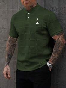Manfinity Homme 男士 Polo 衫，商务休闲，纹理面料，印花设计绿色 Polo 衫，男士高尔夫球衫，学院风图案 Polo 衫，绿色男士短裤套装，黑桃 A 男士衬衫 - 綠色 - 查看 4