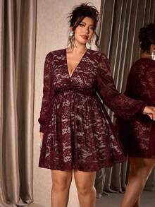 Cravure 大码女式扭结腰身A字蕾丝撞色衬里派对连衣裙，秋冬款 - 彩色 - 查看 3