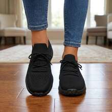 Mujer Zapatillas Deportivas De Tejido De Punto Transpirable Con Cordones Suela Gruesa Negros - Negro - Ver 3