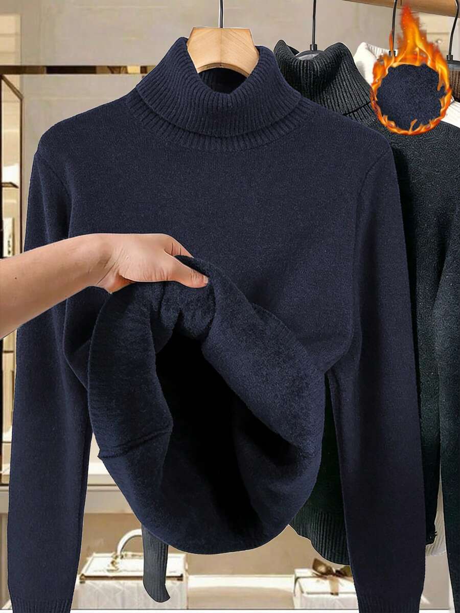 SHEIN LUNE Plus Size Casual Rib Knit High Neck Long Sleeve Pullover Regular Sweater - Dusty Blue - View 1