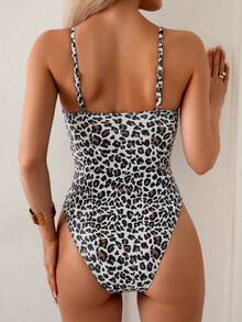 Swim Basics 女士性感连体豹纹印花深V吊带泳衣，夏季 - 黑與白 - 查看 2