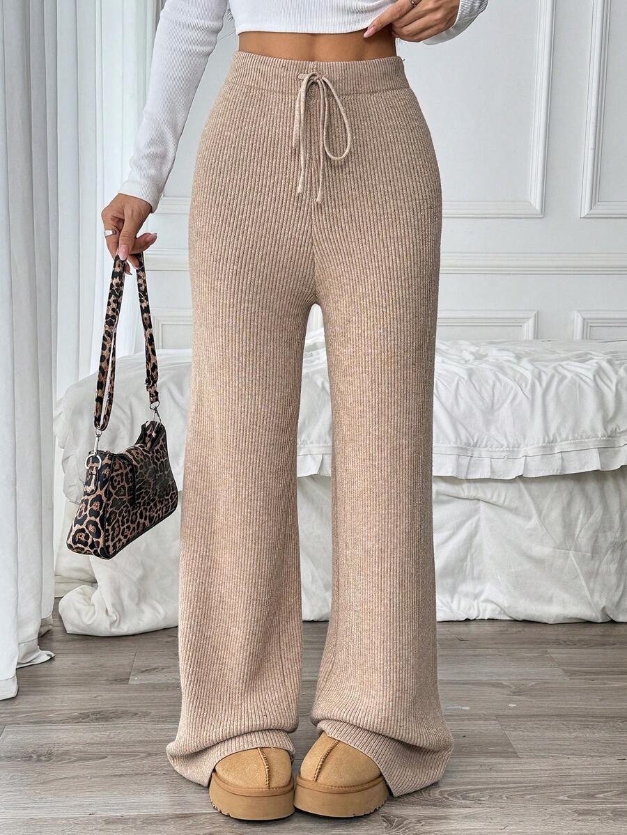 Xyvia Women's Loose Drawstring Sweatpants, Ribbed Knit Casual Home Pants With Thermal Lining, Autumn/Winter - Khaki - View 1