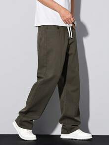 Manfinity Homme Loose Fit Men's Drawstring Waist Wide Leg Jeans Suitable For Casual Daily Wear, Weekend Outings, Social Gatherings And More - Black/Green - View 4