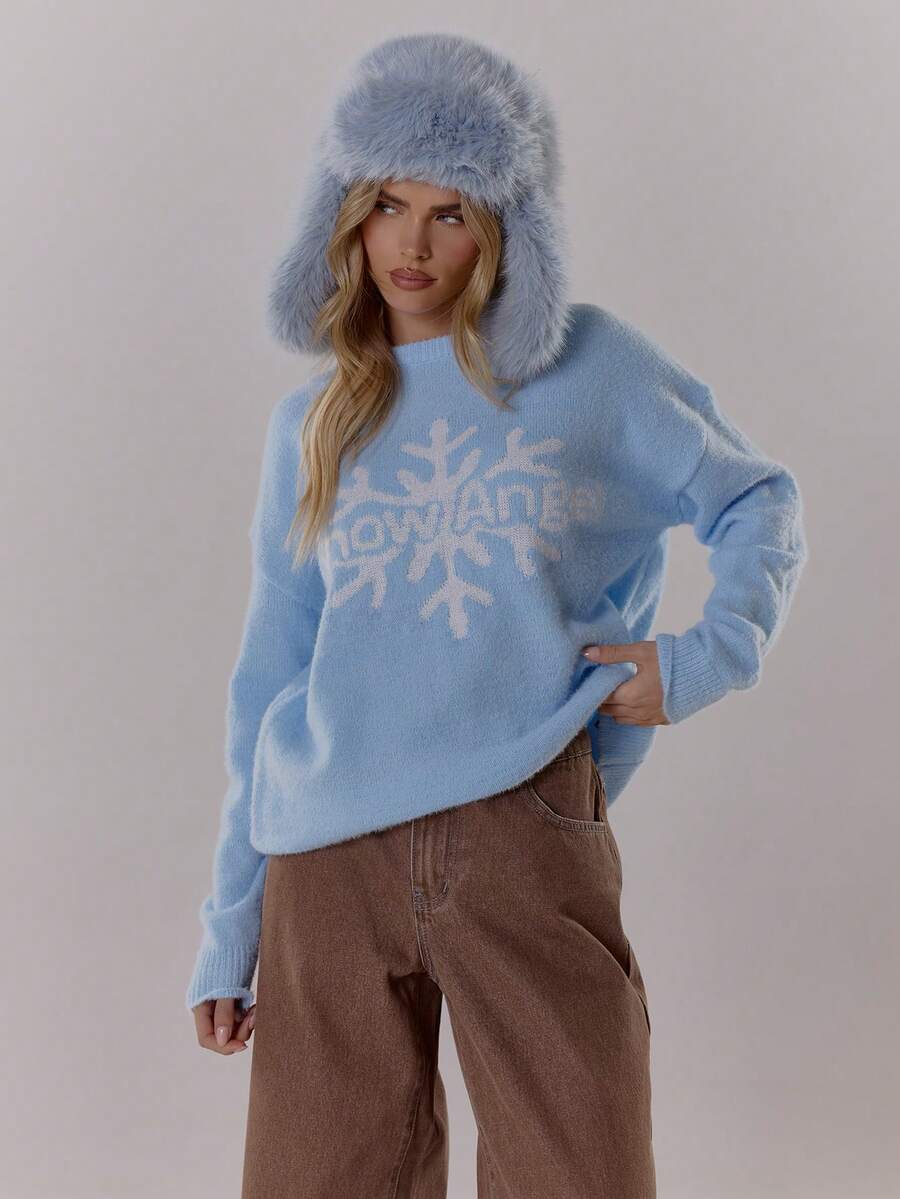 MUSERA Knit Oversized Relaxed '' Knit Crewneck Jumper Old Money Cute Country Cottage Core Back To School Butterscotch Work - Baby Blue - View 1