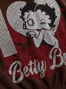 Betty Boop | ROMWE Y2K Rhinestone Betty Pattern Velvet Hooded Sweatshirt & Pants Set - Brown - View 6