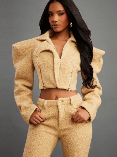 NYA SZN Chaqueta Amala Abrigo Cuello con Cremallera Ajustada Corta Detalle de Bolsillo de Piel Sintética Festivo Invierno Primavera Navidad Año Nuevo Hannukah Crema Tostado Lujo Elegante Ropa de Calle para Mujer