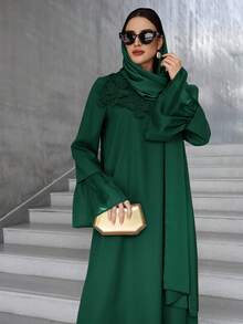 Al Najma Women's Floral Embellished Flare Sleeve Elegant Arabic Style Dress, Arabian Dresses - Dark Green - View 8