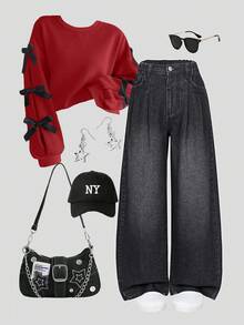 少女时尚休闲户外上学日常约会穿着宽松直筒弹力腰纽扣水洗牛仔裤 - 黑色 - 查看 1