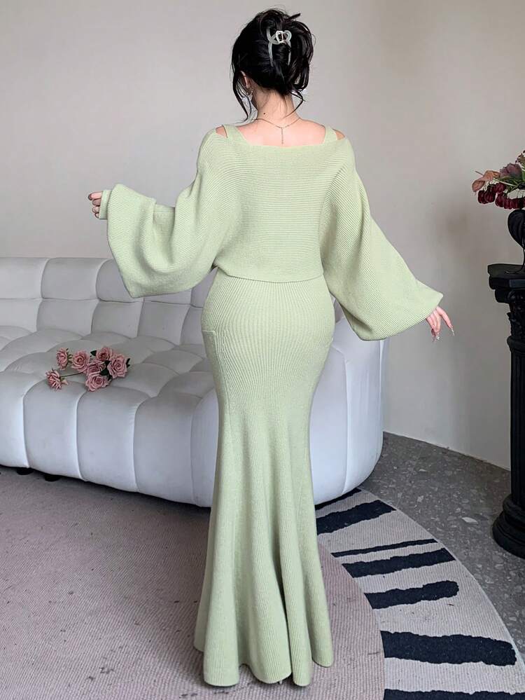 Women's Elegant Solid Color Sleeveless Dress & Lantern Sleeve Sweater 2-Piece Set, Autumn/Winter