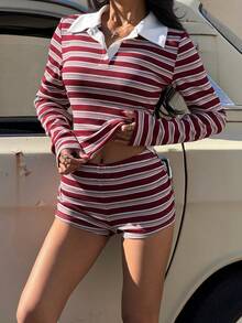 SHEIN EZwear 女士纹理针织 Polo 领长袖 T 恤和超短裤套装 - 紅白色 - 查看 5