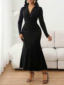 SHEIN Lady Women's Solid Color V-Neck Long Sleeve Ruched Elegant Waist-Cinched Maxi Fishtail Dress, Suitable For Parties And Events - Black - View 8