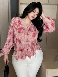 Vibekara Casual Elegant Romantic Rose Ruffle Trim Loose Fit Flattering Plus Size Women Blouse, Pink