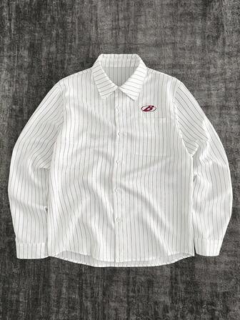 GENTILAND Chemise décontractée à manches longues, à rayures, à simple boutonnage et à poche, avec broderie pour hommes
