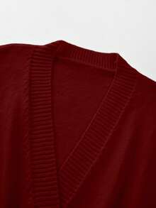 SHEIN Franclia 新款秋季V领收腰针织A字连衣裙，优雅知性，尽显女性魅力 - 紅色 - 查看 4