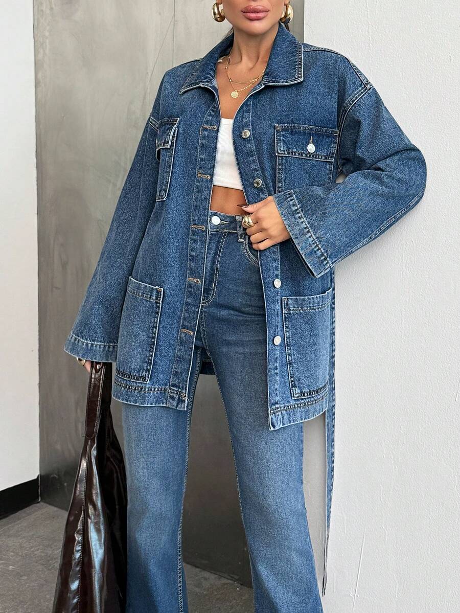 EURMUSE LOOSE DENIM JACKET DROPPED SHOULDER BELTED 2000s Style  Jeans For Womem - Medium Wash - View 1
