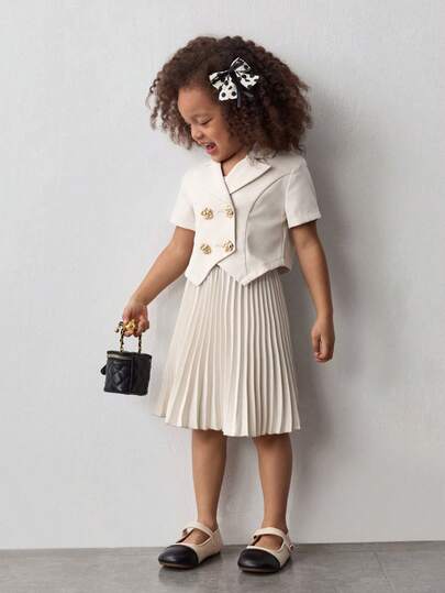 Maija Kids Young Girl Apricot Double-Breasted Collar Jacket & Pleated Skirt Casual 2-Piece Set