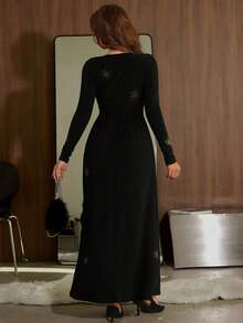 DAZY 优雅黑色亮片星形图案A字连衣裙，适合春季、夏季、秋季、新年、圣诞节、婚礼、派对、正式场合穿着。 - 黑色 - 查看 12