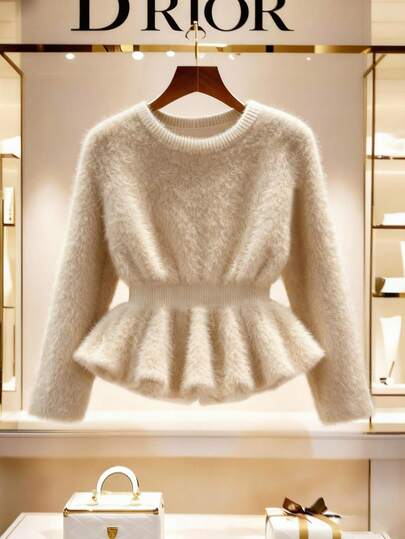 Franclia 女士加大码圆领荷叶边下摆纯色长袖修身针织衫，秋冬款