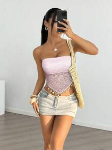 SHEIN EZwear 女士浅粉色短款透视不对称下摆流苏性感露脐上衣 - 淺粉色 - 查看 5