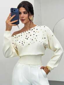 Firerie Women's Elegant Sequin Embellished Oblique Shoulder Fashionable Versatile Vacation Long Sleeve Sweater/Christmas For Women/Solid Color Asymmetrical Off-Shoulder Sweater Top/New Year's Eve/Party Top/Asymmetrical Off-Shoulder Top With A Fitted Waist/Winter For Women - Apricot - View 7