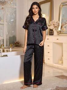 LuxeNights 提花领开襟女士睡衣套装 - 黑色 - 查看 4