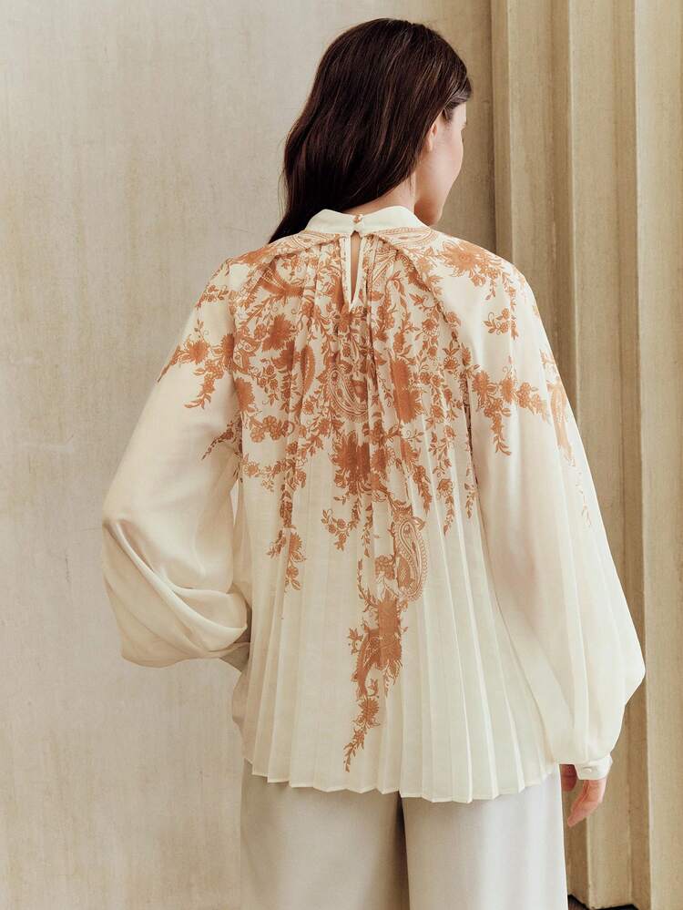 Anewsta Women's Elegant Floral Pattern Vacation Tie Front Blouse, Apricot Bowknot Graceful Top For Spring/Summer Party & Holiday