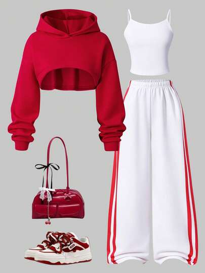 2件套青少年女孩针织休闲户外短款连帽衫和条纹阔腿运动裤套装