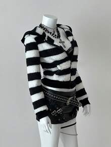 EgrlEra Áo khoác nỉ nữ thời trang kẻ sọc đen trắng có khóa kéo - Đen và trắng - Xem 3