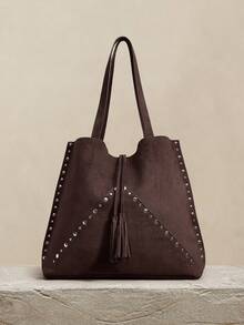 SHECARRY Ladies Large Capacity Suede Rivet Trim Shoulder Tote Bag - coffee color - View 2