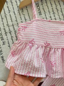 女宝宝可爱度假休闲条纹蝴蝶结装饰吊带背心和松紧腰裤套装 - 彩色 - 查看 4