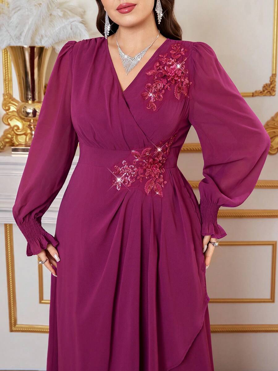 Reflora Đầm chiffon cỡ lớn, chân váy dài thanh lịch, phù hợp cho mùa thu và mùa đông, hoàn hảo cho các bữa tiệc và tụ họp, trang phục đón năm mới. - Màu đỏ tím - Xem 1