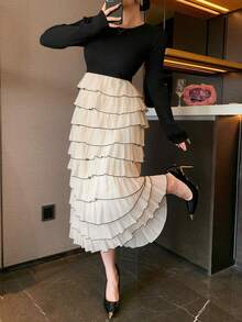 DAZY Women's Elegant Color Block Ruffle Hem Sweater Dress, Autumn/Winter