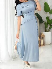 Feyla Women's Elegant Dusty Blue Summer Midi Dress,Round Neck Short Sleeve Waist Tie Cinched Design,Perfect For Garden Party,Vacation And Baby Blue Events - Blue - View 5
