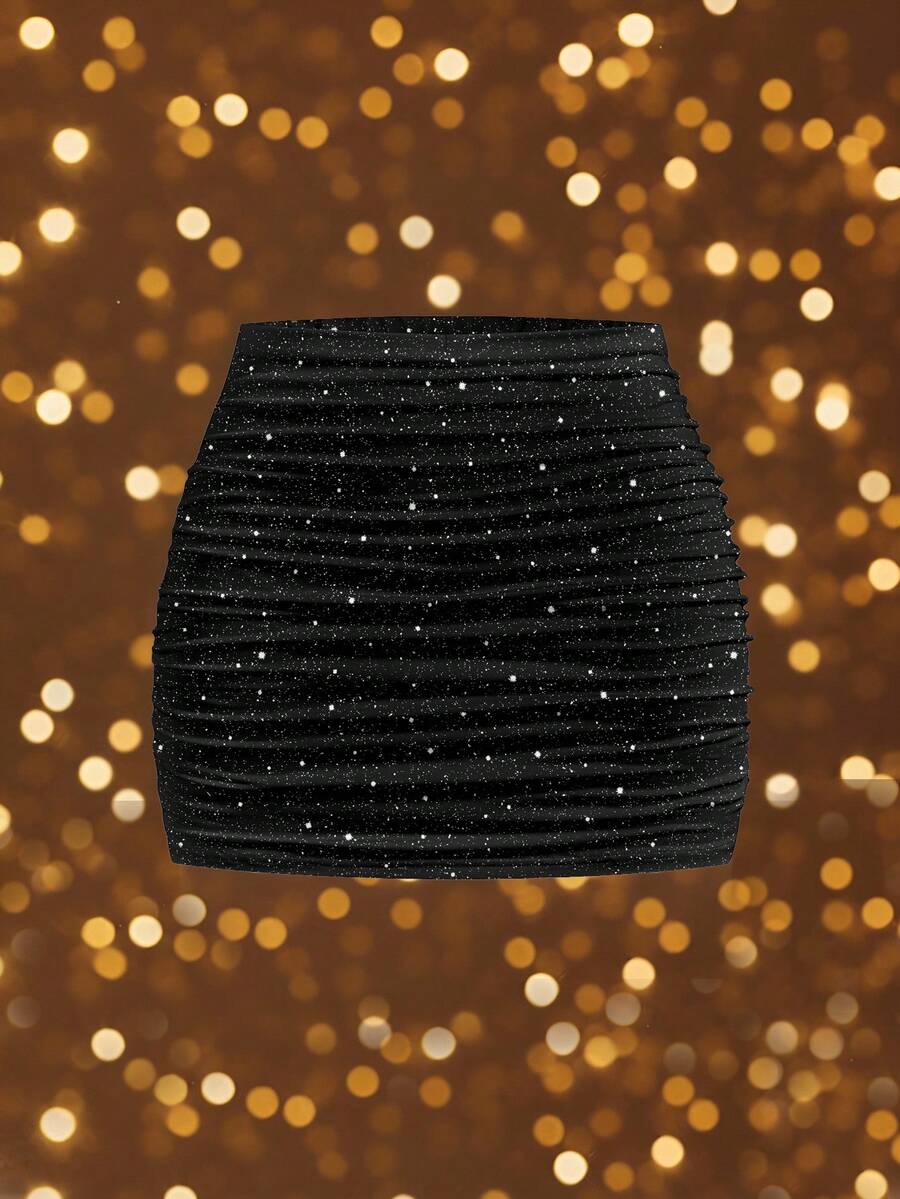 SHEIN MOD Women's Casual Minimalist Ruched Low Waist Bodycon Mini Skirt, Suitable For Parties,Women Party Skirt,Black Skirt,Sparkly Skirt - Multicolor - View 1