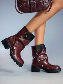 CUCCOO GRLICON 女士时尚百搭粗跟踝靴 - 酒紅色 - 查看 2