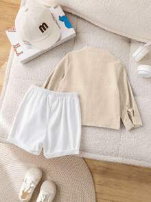 Bubblio Bộ 2 áo sơ mi dài tay cổ tròn phong cách đô thị giản dị cho bé trai và quần short cạp chun, thích hợp cho tiệc sinh nhật, tiệc tối, biểu diễn, đám cưới, tiệc chào đón em bé, tiệc mừng sinh nhật lần thứ 1 - Màu be - Xem 2