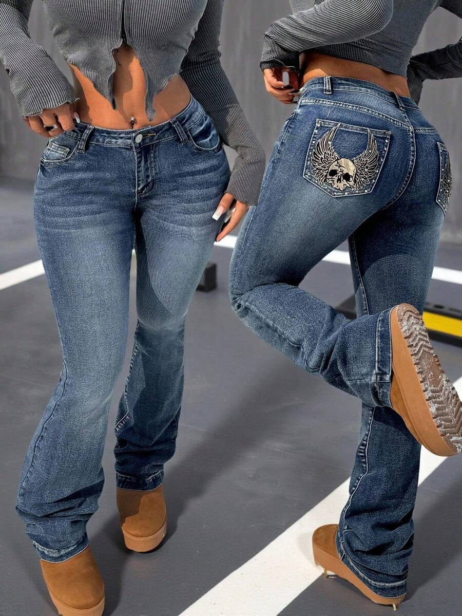 Slaydiva Quần jean xanh đậm thêu hình đầu lâu thời trang mùa đông cho nữ cỡ lớn ngày lễ Tạ ơn - Rửa trung bình - Xem 1